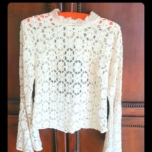 Free People Stunning Crochet W/ Open Back, High Neck, Bell Sleeves, Sz Lrg
